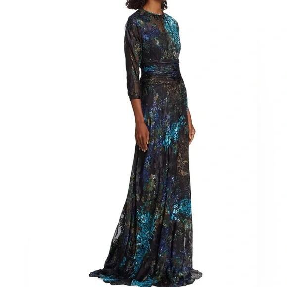 Teri Jon by Rickie Freeman Womens Blue Black Floral Chiffon Velvet Ball Gown 8 - Picture 1 of 13
